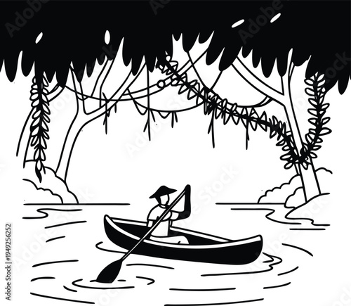 Vector illustration of a person canoeing in a jungle river