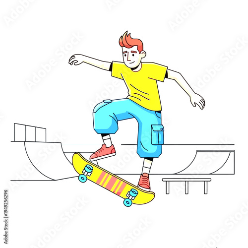Energetic young man skateboarding a trick on a ramp at a skate park. Youthful illustration of extreme sport hobby.