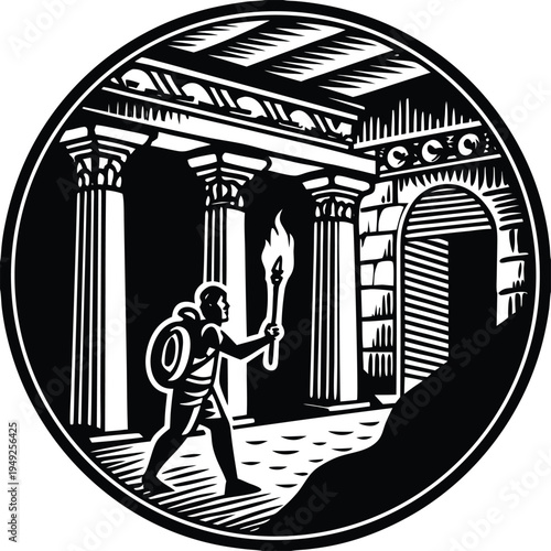Black and white vector illustration of a man with a torch in ancient columns