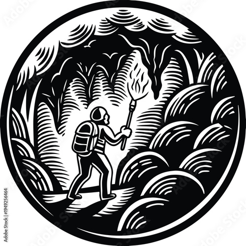 Black and white vector illustration of a hiker with torch in forest