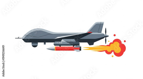 Military Drone Launching Missile with Flames.