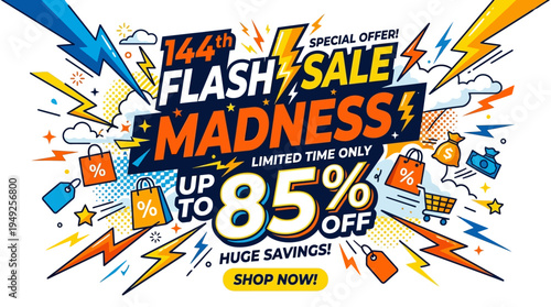 Flash Sale Madness Announcement with Lightning Bolts