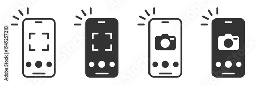 Take Photo Icon Set, camera sign with photography flash symbol, phone picture symbol, photocamera interface graphic, black color vector sign for mobile application