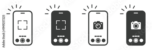 Take Photo Icon Set, camera sign with photography flash symbol, phone picture symbol, photocamera interface graphic, black color vector sign for mobile application