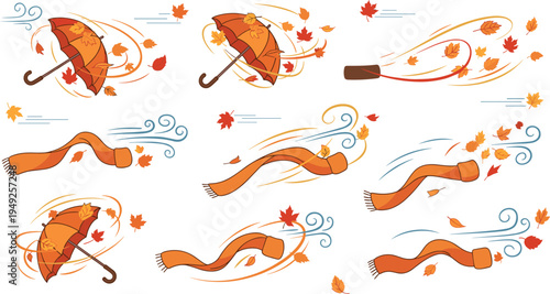 Autumn Wind Elements Vector Illustration Set with Flying Umbrella, Scarf, Falling Leaves and Seasonal Wind Motion Symbols