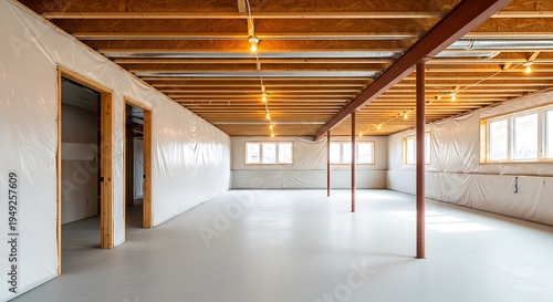 Empty basement interior with open doors, windows, and exposed wooden beams overhead