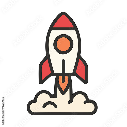 Colorful cartoon rocket ship icon with red fins and flames