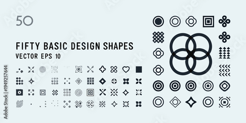 Collection of fifty diverse black geometric design shapes and vector elements