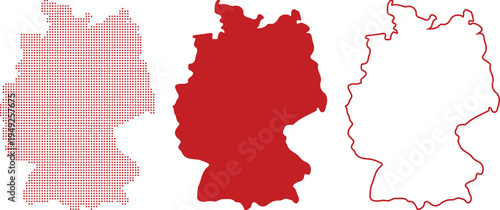Red Germany Map Icons Dotted Solid Outline and Silhouette on White germany outline german map