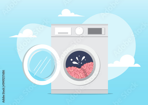 Human Brain Being Washed Inside a Front-Load Washing Machine
