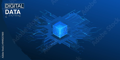 Abstract digital data network with a glowing isometric cube centerpiece