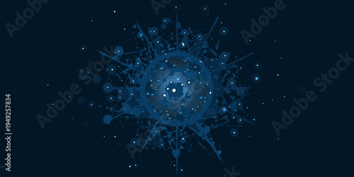 Abstract explosion of dark blue splatters and particles on black background