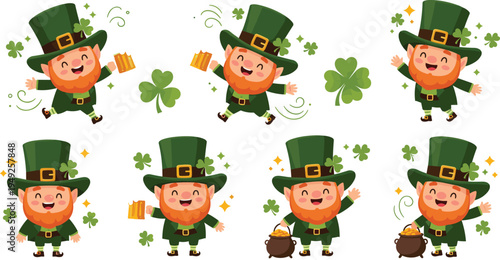 Cute Leprechaun Cartoon Character Vector Illustration Set with Shamrock Clover, Beer Mug, Pot of Gold and Saint Patrick Day Theme