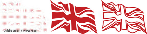 Red Union Jack Flag Icons Dotted Solid Outline and Silhouette on White uk flag great britain flag