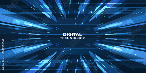 Abstract blue digital technology background with radiating lines and text