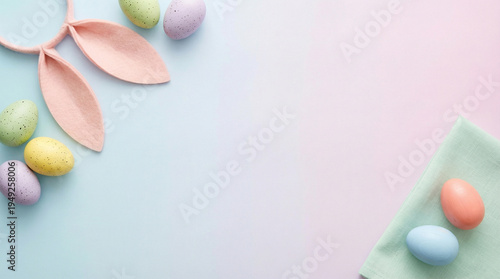 Minimal Easter Flat Lay with Bunny Ears and Eggs Background