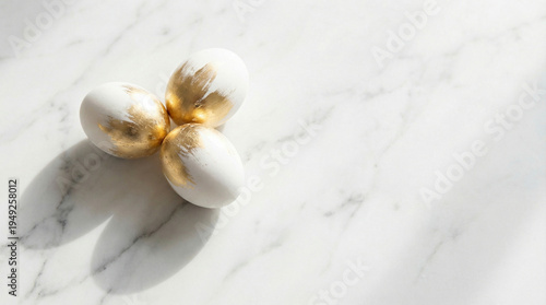 Elegant White Easter Eggs on Marble Background with Copy Space