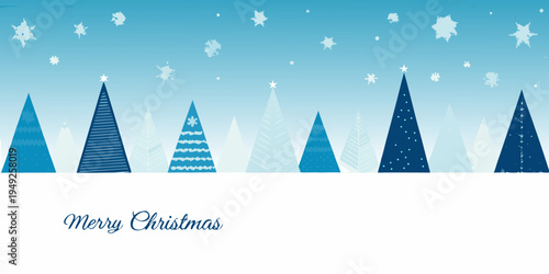 A festive christmas scene with stylized trees and falling snowflakes