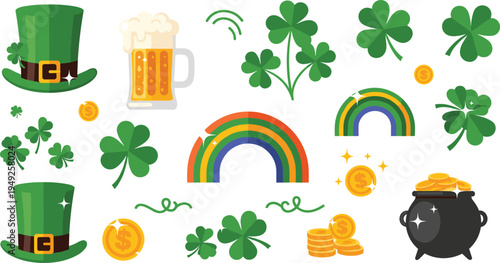 Saint Patrick Day Symbols Vector Illustration Set with Leprechaun Hat, Shamrock Clover, Rainbow, Gold Coins, Beer Mug and Pot of Gold