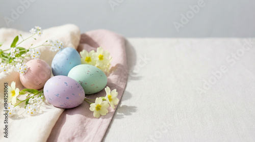 Pastel Easter Eggs Minimal Background with Spring Flowers and Copy Space