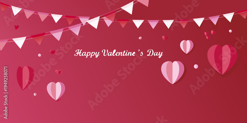 Festive valentine s day background with hearts and hanging bunting flags