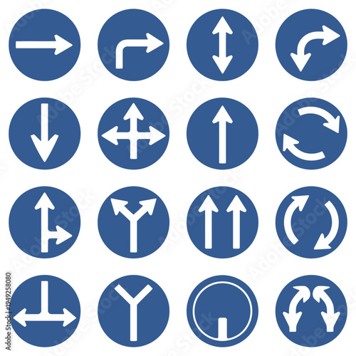 mandatory direction road signs featuring white arrows on a blue circular background, indicating required traffic flow for urban navigation and highway safety systems.