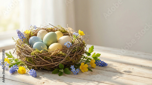Easter Nest with Colored Eggs and Spring Flowers Background