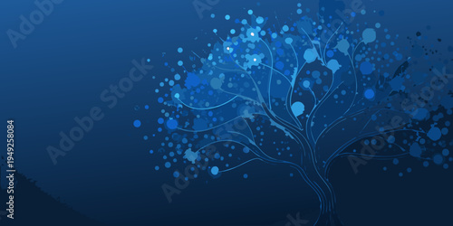 A stylized blue tree with glowing orbs against a dark background