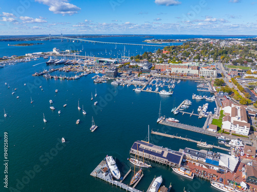 Newport Harbor aerial view with Claiborne Pell Newport Bridge at the background in Narragansett Bay, city of Newport, Rhode Island RI, USA. 