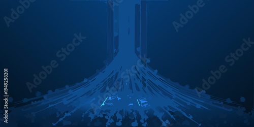 Abstract blue waterfall flowing into a dark expansive underwater scene