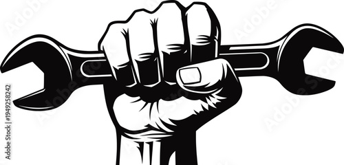 A clenched fist holding a large adjustable wrench as a symbol of strength