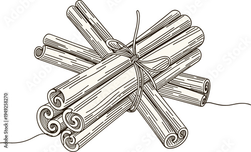 Hand-Drawn Illustration of Bundled Cinnamon Sticks in Vintage Style