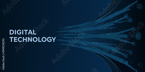 Abstract digital technology background with flowing lines and text