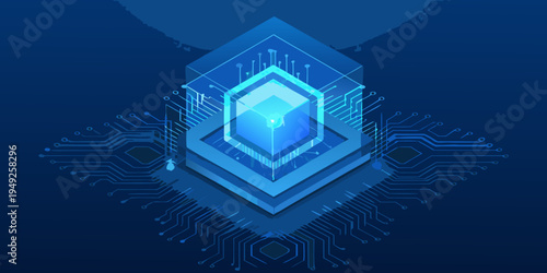 Isometric illustration of a glowing blue digital security shield with circuitry
