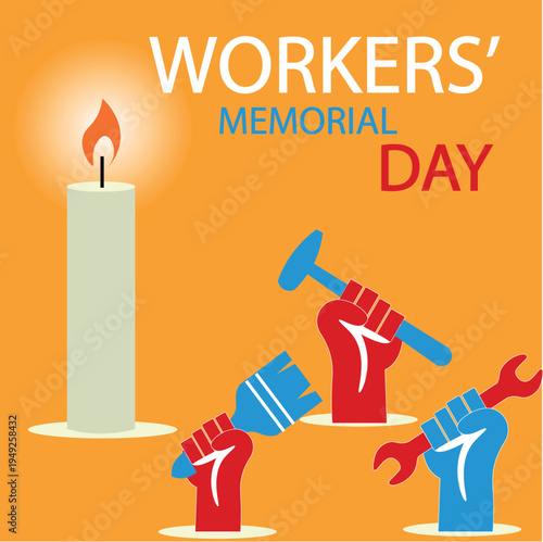 "WORKERS’ MEMORIAL DAY" Commemorative design featuring candle flame and raised hands holding tools, symbolizing remembrance, labor rights, and solidarity. Minimal flat style artwork for awareness them
