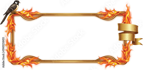A golden frame with flames and a bird on a white background