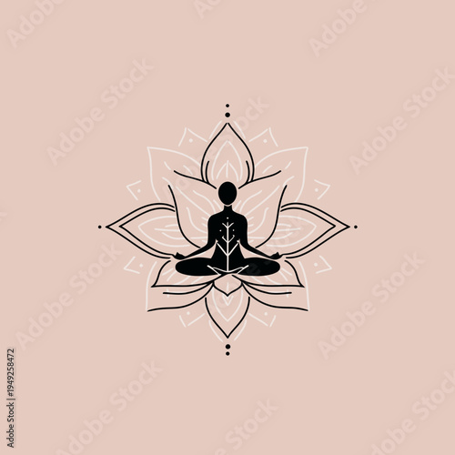 Meditating figure in lotus position against floral background vector