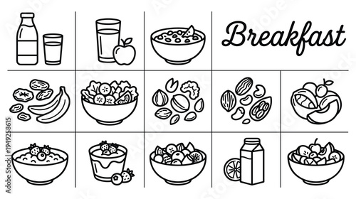 Breakfast food and drinks icon set isolated on white background outline