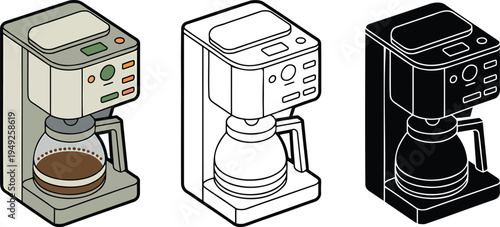 Coffee machine silhouette & Outline and illustration set isolated on transparent background