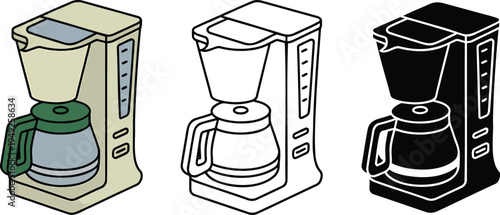 Coffee machine silhouette & Outline and illustration set isolated on transparent background