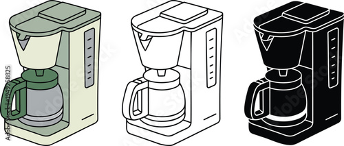 Coffee machine silhouette & Outline and illustration set isolated on transparent background