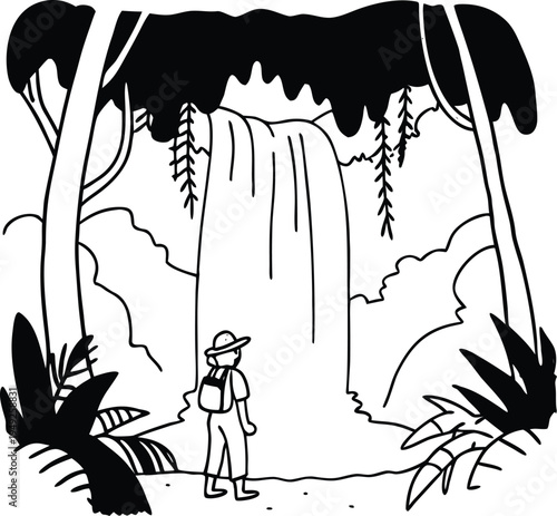 Vector illustration of a hiker standing in front of a waterfall in a jungle
