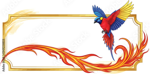 A vibrant parrot flies over a golden frame with flames on a white background.