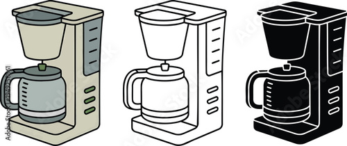 Coffee machine silhouette & Outline and illustration set isolated on transparent background