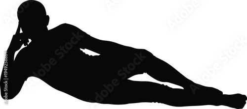 Black silhouette of a person reclining in a relaxed contemplative pose, side view, isolated on white background, minimalist digital illustration
