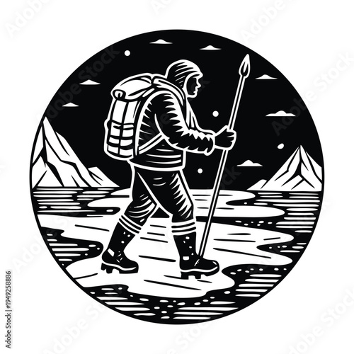 Vector illustration of a hiker with backpack and walking stick in snowy landscape at night