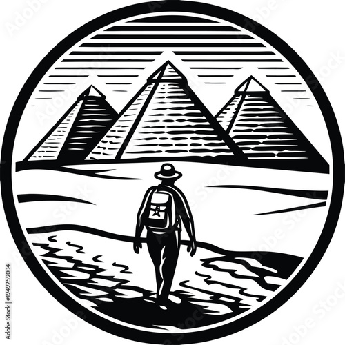 Vector illustration of man walking towards pyramids in desert landscape