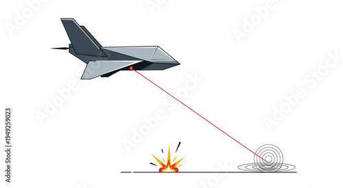 Futuristic Military Aircraft Targeting Ground with Laser Weapon.