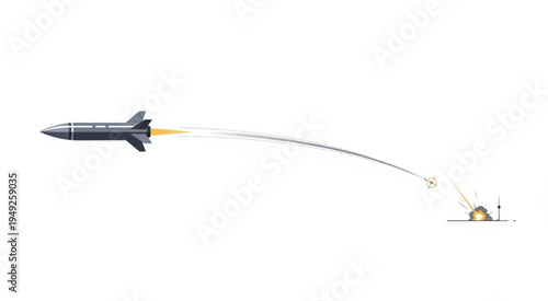 Missile Launch Trajectory Illustration on White Background.