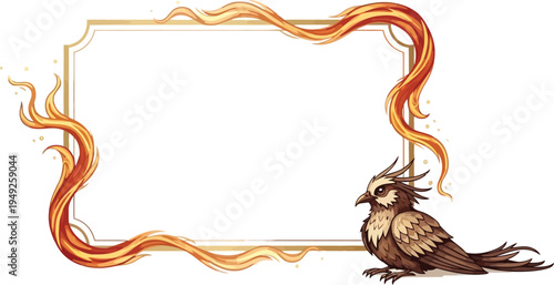 A whimsical illustration of a phoenix bird sitting beside an ornate, fiery frame on a white background.